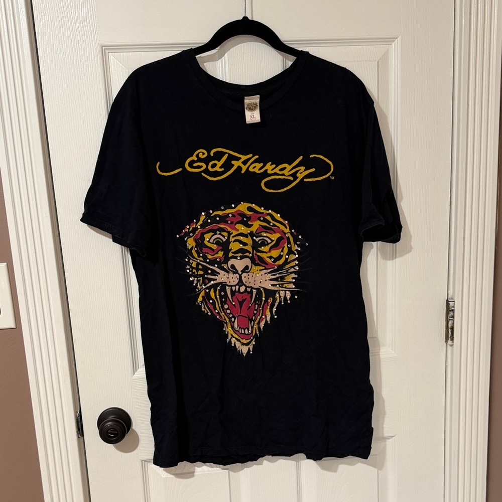 Ed Hardy Black Tee with Yellow Script and Multicolor Tiger